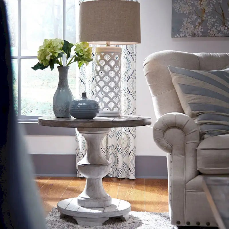 Table d'appoint ronde Sedona vieilli blanc et gravier