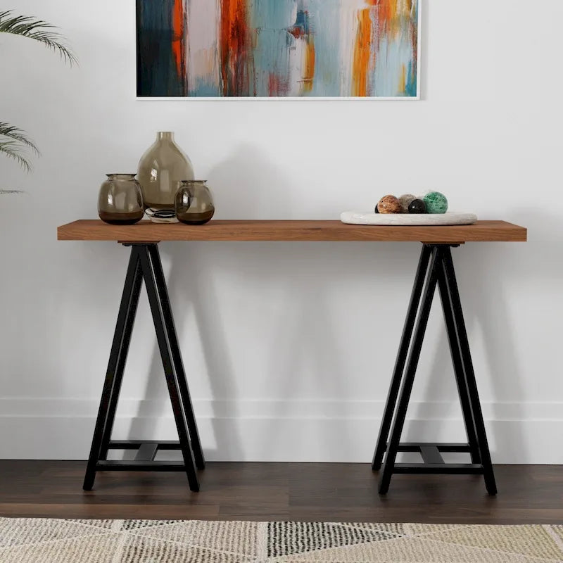 Console table industrielle moderne Hawkins de 50 pouces de large en BOIS MASSIF de noyer et métal, couleur noyer