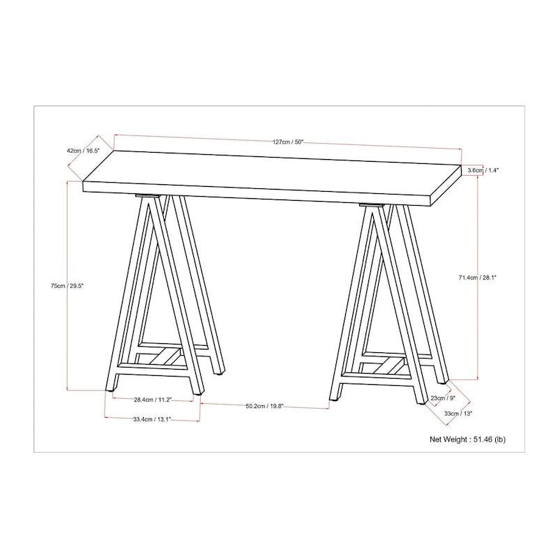 Console table industrielle moderne Hawkins de 50 pouces de large en BOIS MASSIF de noyer et métal, couleur noyer