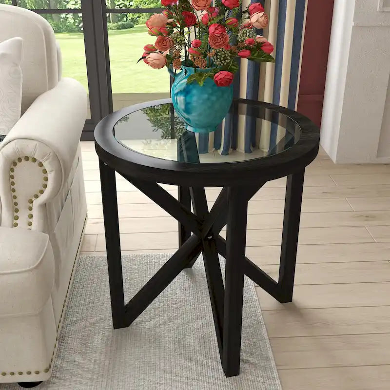 Table basse élégante en verre avec base en bois massif