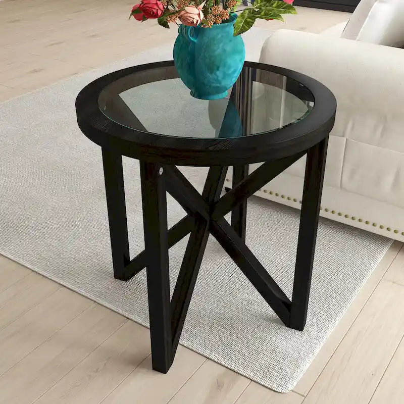 Table basse élégante en verre avec base en bois massif