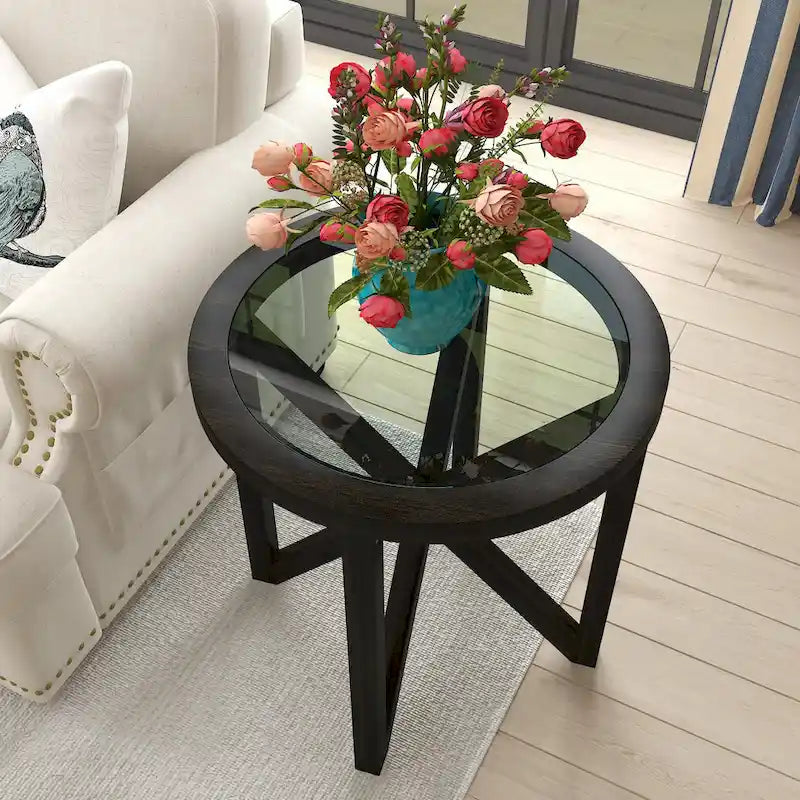 Table basse élégante en verre avec base en bois massif