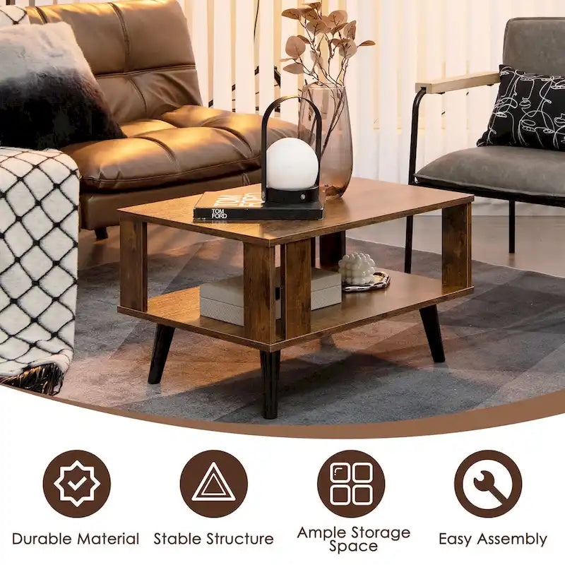 Table basse rectangulaire en bois à 2 niveaux avec étagère de rangement ouverte