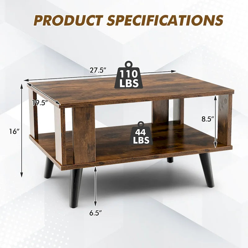 Table basse rectangulaire en bois à 2 niveaux avec étagère de rangement ouverte