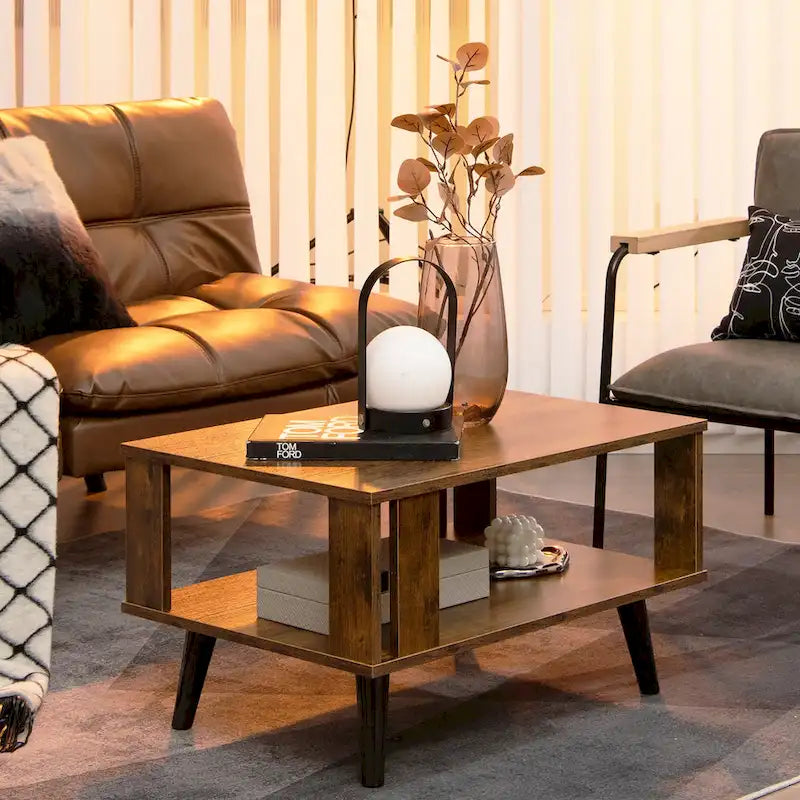 Table basse rectangulaire en bois à 2 niveaux avec étagère de rangement ouverte
