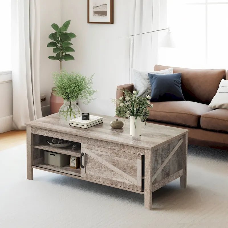 Table basse rectangulaire Moasis Farmhouse avec étagères réglables et porte coulissante style grange