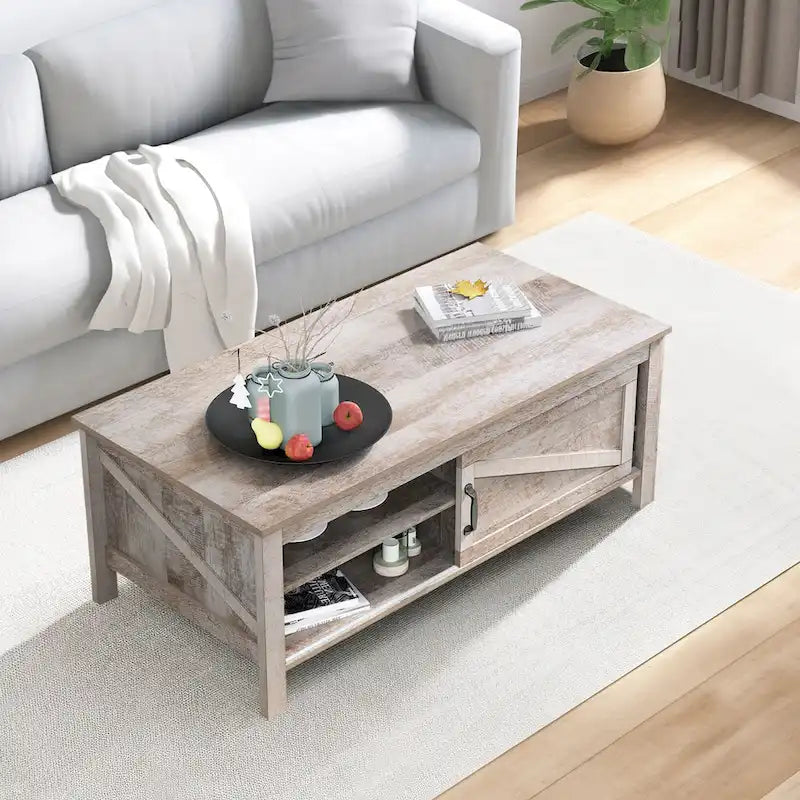 Table basse rectangulaire Moasis Farmhouse avec étagères réglables et porte coulissante style grange