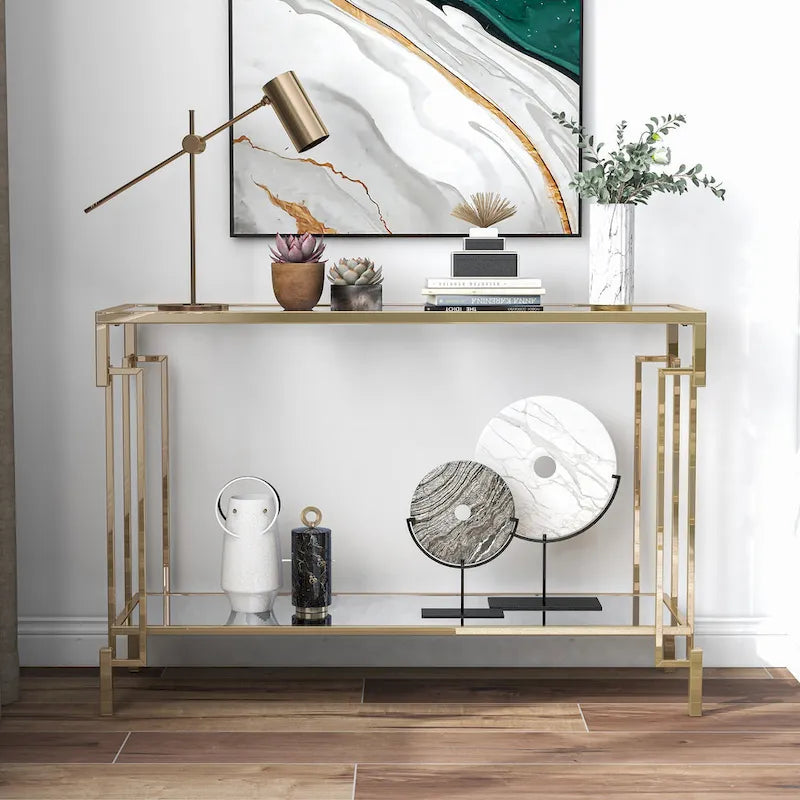 Table console Yout Glam de 43 po avec plateau en verre et 1 étagère, par Furniture of America