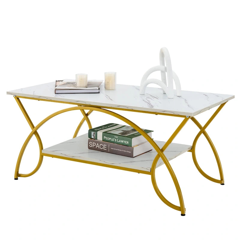 Table basse à 2 étages, style moderne, effet marbre, table d'appoint, table basse de salon