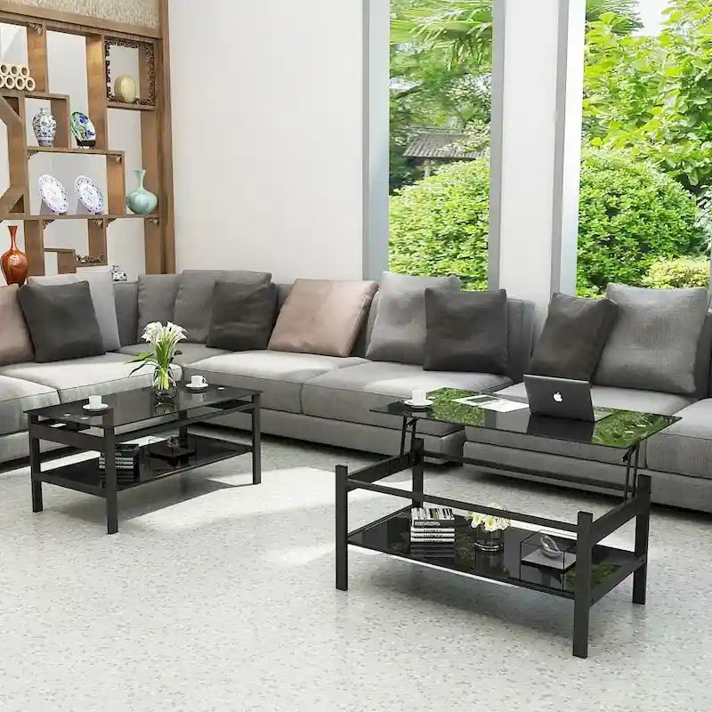 Table basse relevable en verre, noire