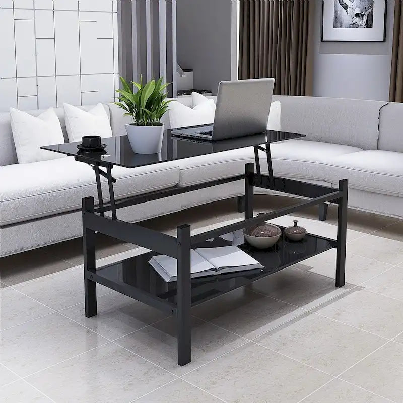 Table basse relevable en verre, noire