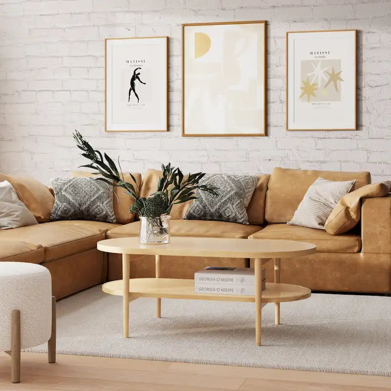 Table basse ovale à 2 niveaux Nathan James Sonia Bohemian en bois clair avec étagère de rangement en rotin