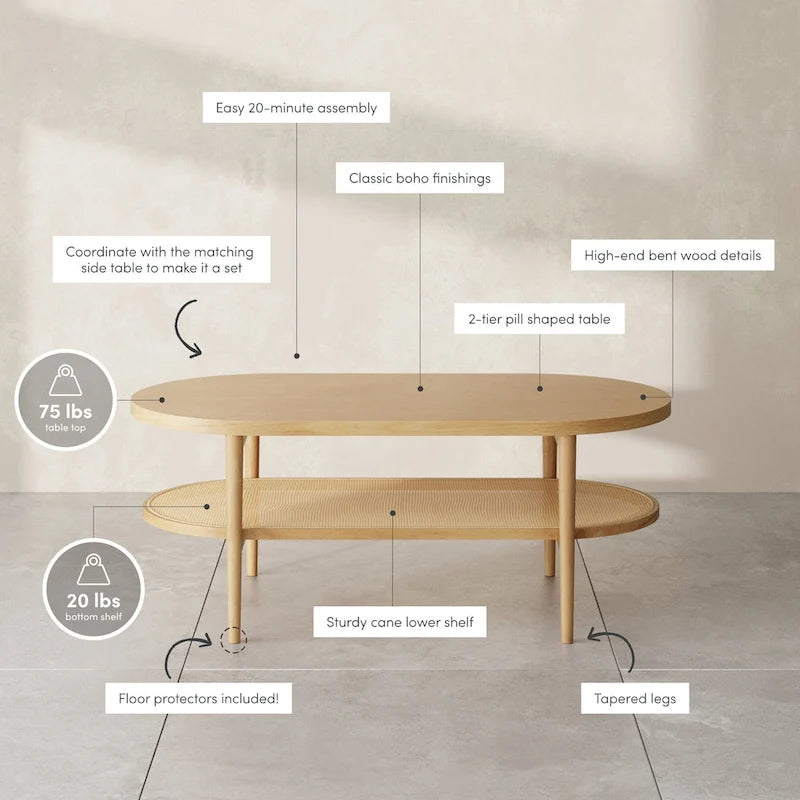Table basse ovale à 2 niveaux Nathan James Sonia Bohemian en bois clair avec étagère de rangement en rotin