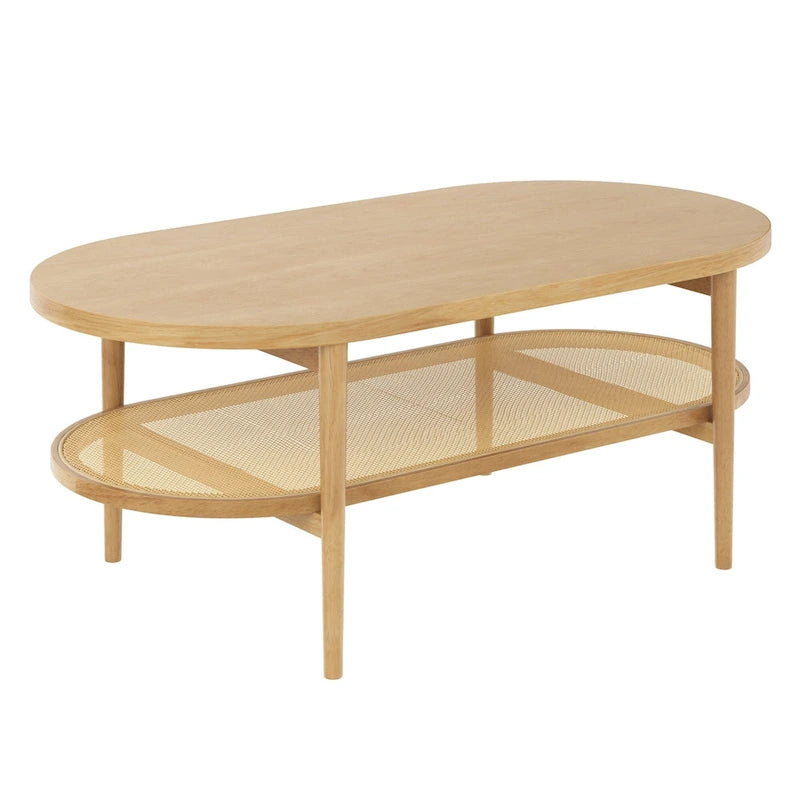 Table basse ovale à 2 niveaux Nathan James Sonia Bohemian en bois clair avec étagère de rangement en rotin