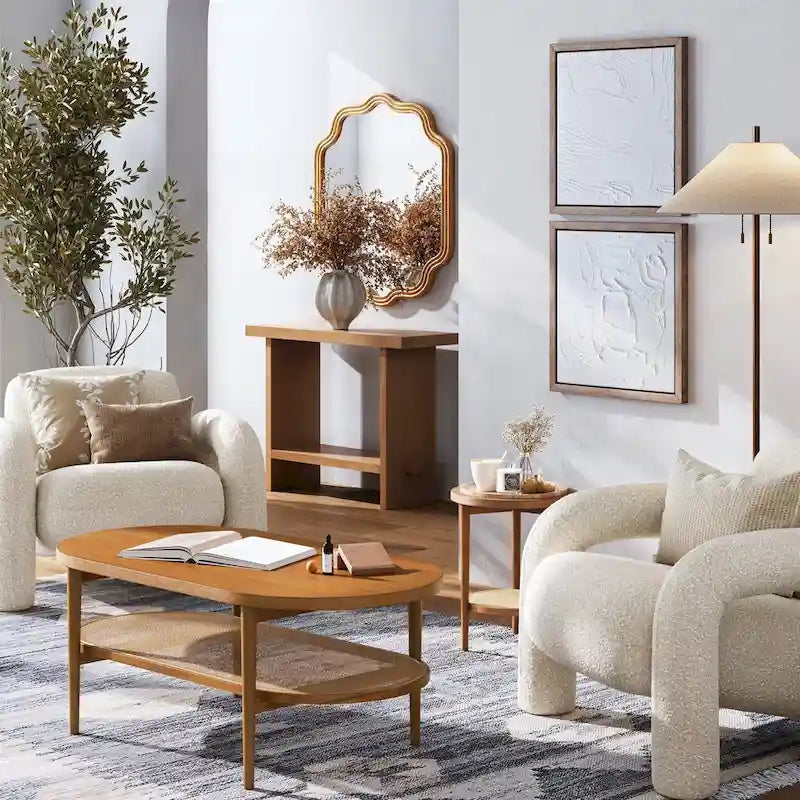 Table basse ovale à 2 niveaux Nathan James Sonia Bohemian en bois clair avec étagère de rangement en rotin