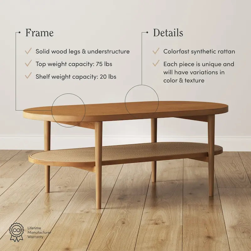 Table basse ovale à 2 niveaux Nathan James Sonia Bohemian en bois clair avec étagère de rangement en rotin