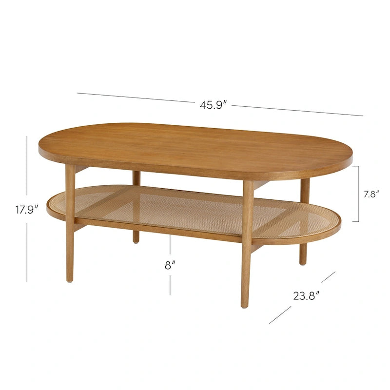Table basse ovale à 2 niveaux Nathan James Sonia Bohemian en bois clair avec étagère de rangement en rotin