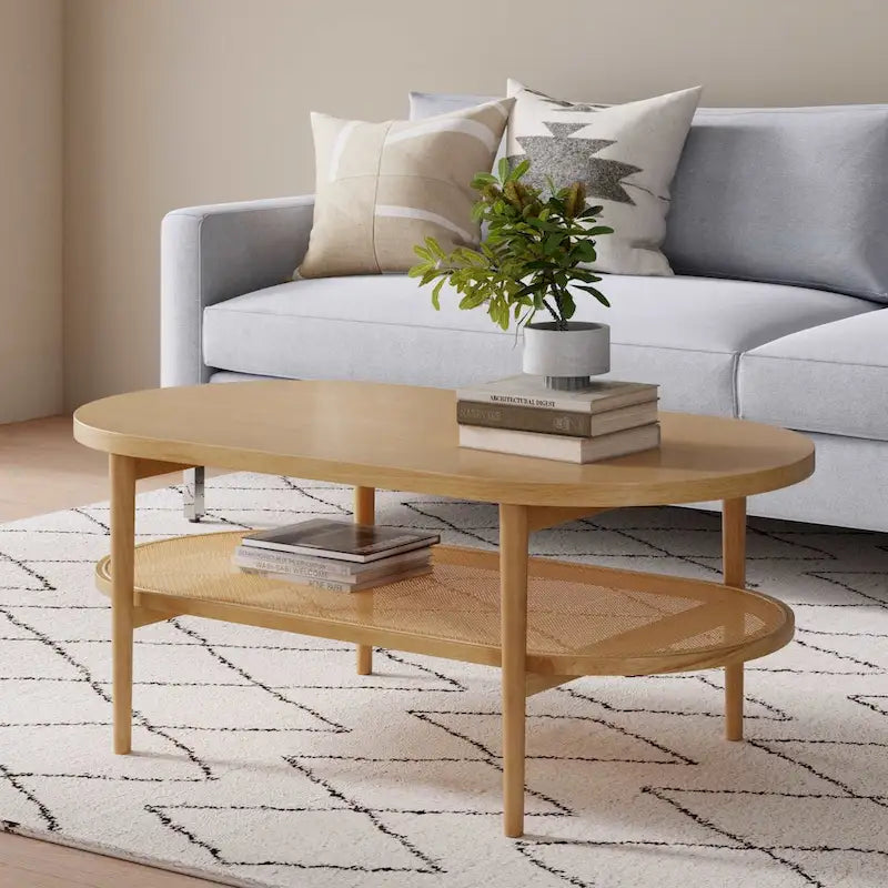 Table basse ovale à 2 niveaux Nathan James Sonia Bohemian en bois clair avec étagère de rangement en rotin