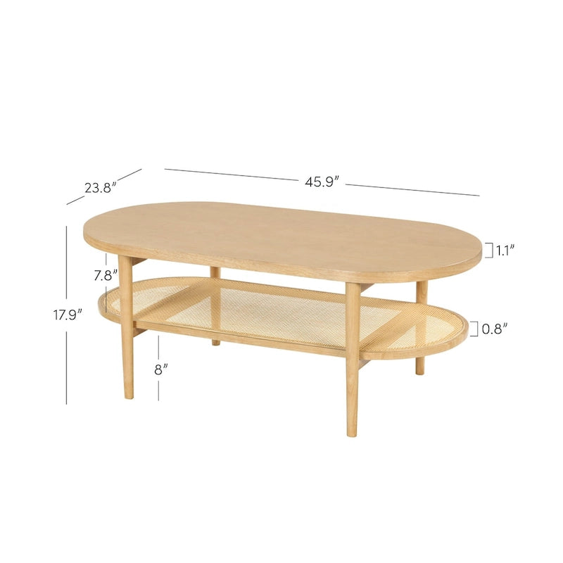 Table basse ovale à 2 niveaux Nathan James Sonia Bohemian en bois clair avec étagère de rangement en rotin