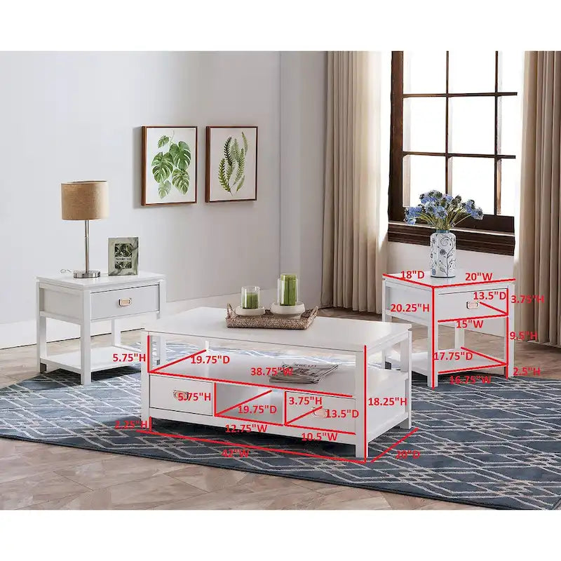 Ensemble de 3 tables d'appoint en bois blanc, comprenant une table basse et 2 tables de bout