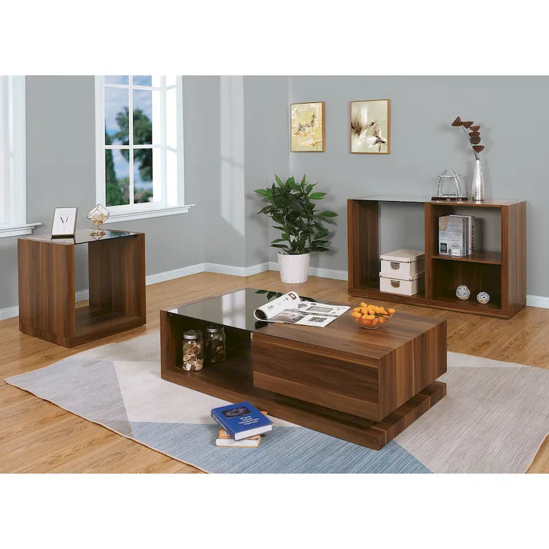 Table d'appoint à 1 étagère Valmont Contemporary Walnut 22 pouces avec plateau en verre de Furniture of America