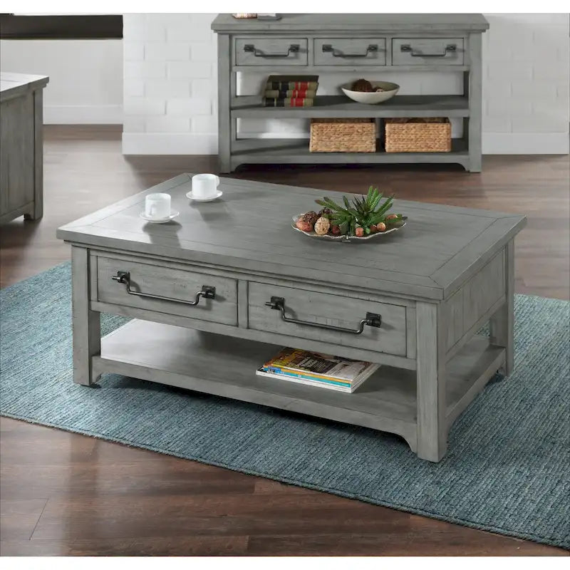 Table basse 2 tiroirs en bois massif gris tourterelle Beach House