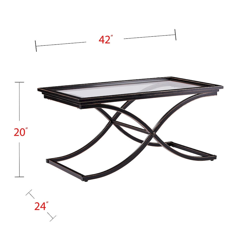 Table basse glamour SEI Furniture Bugleweed en métal vieilli noir/cuivre et verre trempé