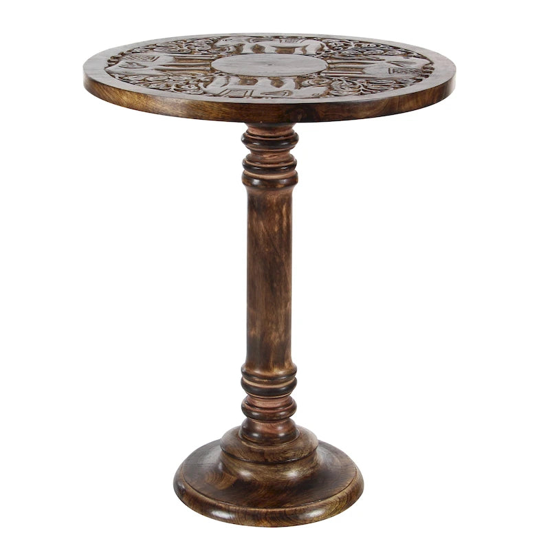 Table d'appoint éléphant ou florale en bois de manguier sculptée à la main avec base tournante - Marron foncé - Roche River Decor