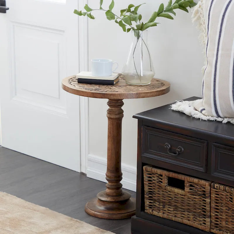 Table d'appoint éléphant ou florale en bois de manguier sculptée à la main avec base tournante - Marron foncé - Roche River Decor