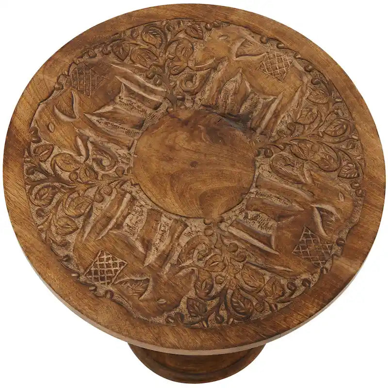 Table d'appoint éléphant ou florale en bois de manguier sculptée à la main avec base tournante - Marron foncé - Roche River Decor
