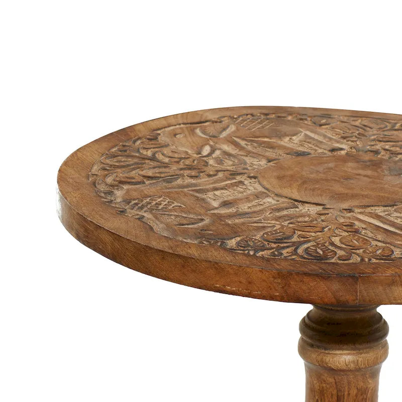 Table d'appoint éléphant ou florale en bois de manguier sculptée à la main avec base tournante - Marron foncé - Roche River Decor