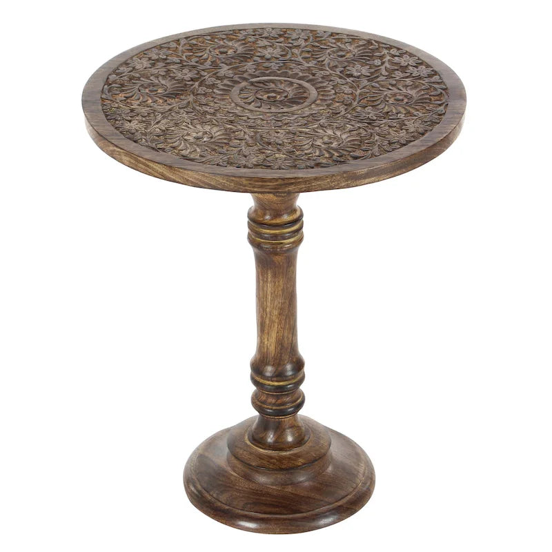 Table d'appoint éléphant ou florale en bois de manguier sculptée à la main avec base tournante - Marron foncé - Roche River Decor