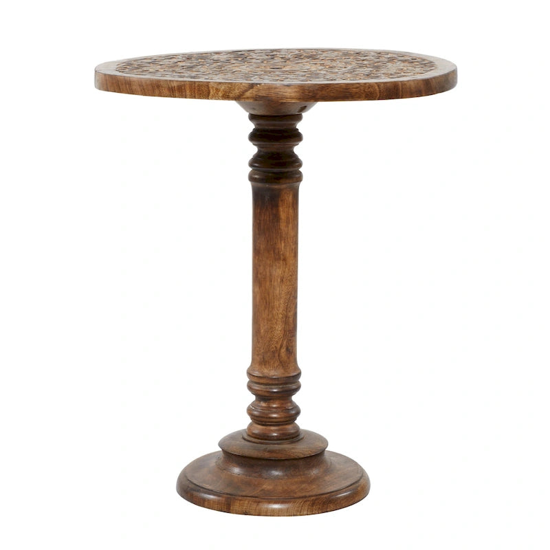 Table d'appoint éléphant ou florale en bois de manguier sculptée à la main avec base tournante - Marron foncé - Roche River Decor