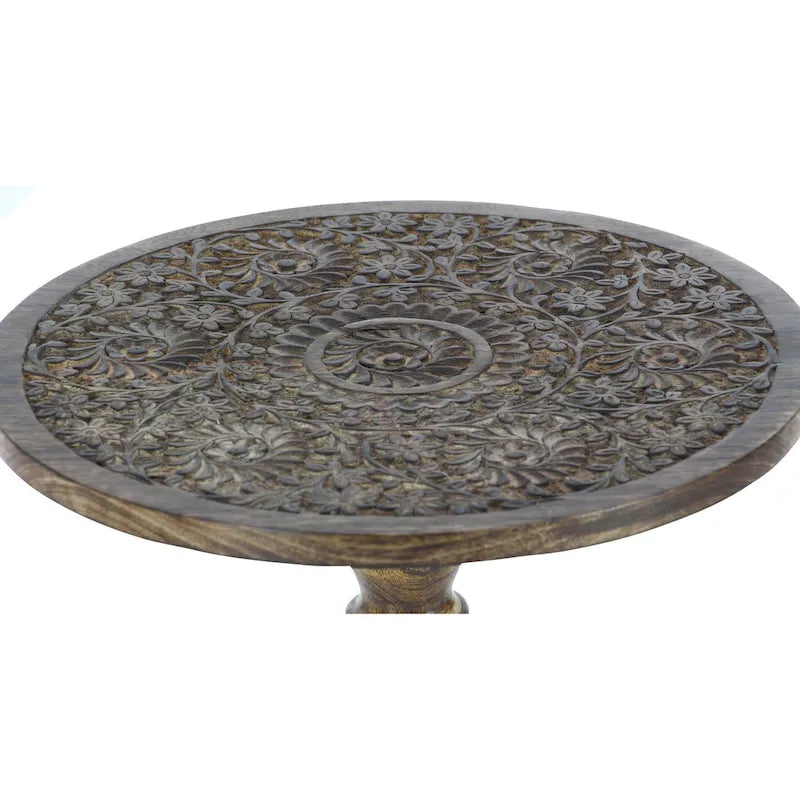 Table d'appoint éléphant ou florale en bois de manguier sculptée à la main avec base tournante - Marron foncé - Roche River Decor