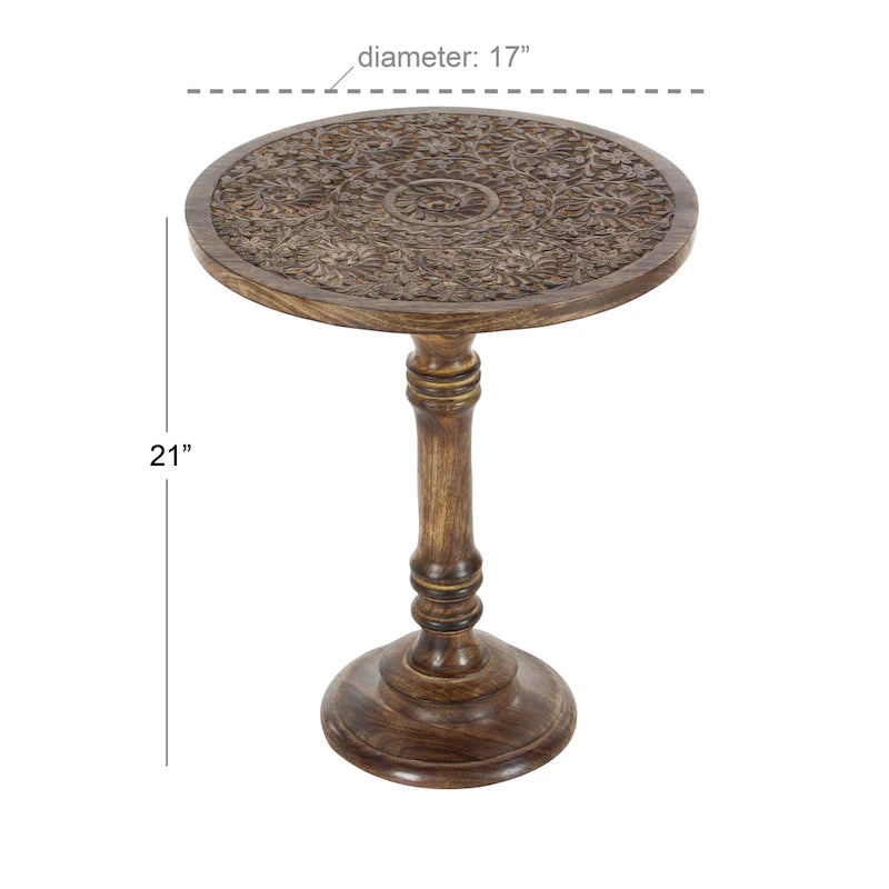 Table d'appoint éléphant ou florale en bois de manguier sculptée à la main avec base tournante - Marron foncé - Roche River Decor