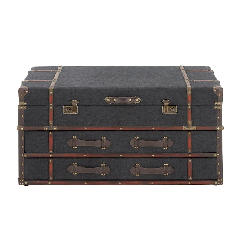 Table basse de rangement 2 tiroirs en similicuir ou tissu lin avec plateau à charnière à boucle - Bleu foncé ou marron - Roche River Decor