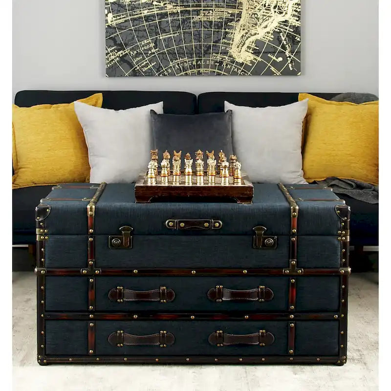 Table basse de rangement 2 tiroirs en similicuir ou tissu lin avec plateau à charnière à boucle - Bleu foncé ou marron - Roche River Decor