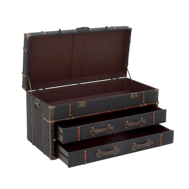 Table basse de rangement 2 tiroirs en similicuir ou tissu lin avec plateau à charnière à boucle - Bleu foncé ou marron - Roche River Decor