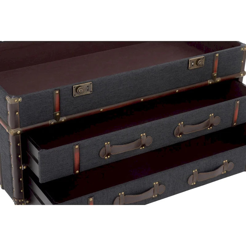 Table basse de rangement 2 tiroirs en similicuir ou tissu lin avec plateau à charnière à boucle - Bleu foncé ou marron - Roche River Decor