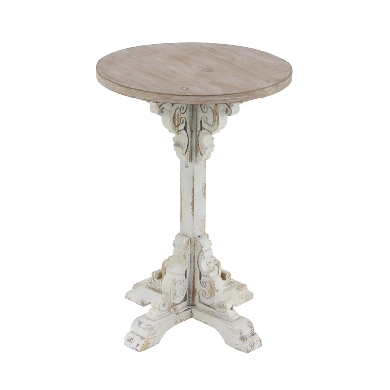 Table d'appoint ou de bout en bois sculpté avec plateau en bois marron - Gris, Blanc, Crème - Roche River Decor