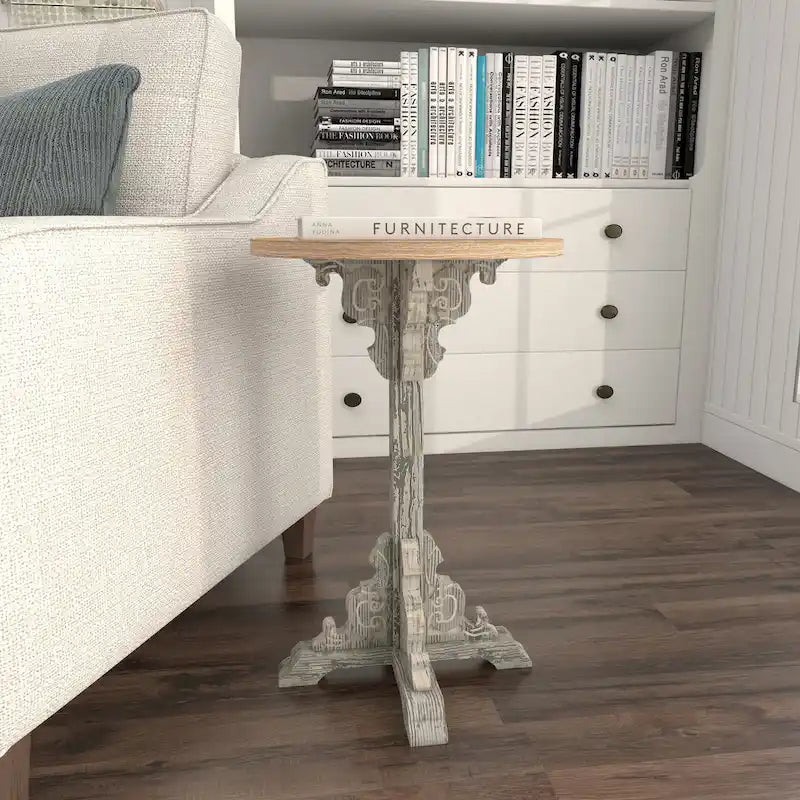 Table d'appoint ou de bout en bois sculpté avec plateau en bois marron - Gris, Blanc, Crème - Roche River Decor
