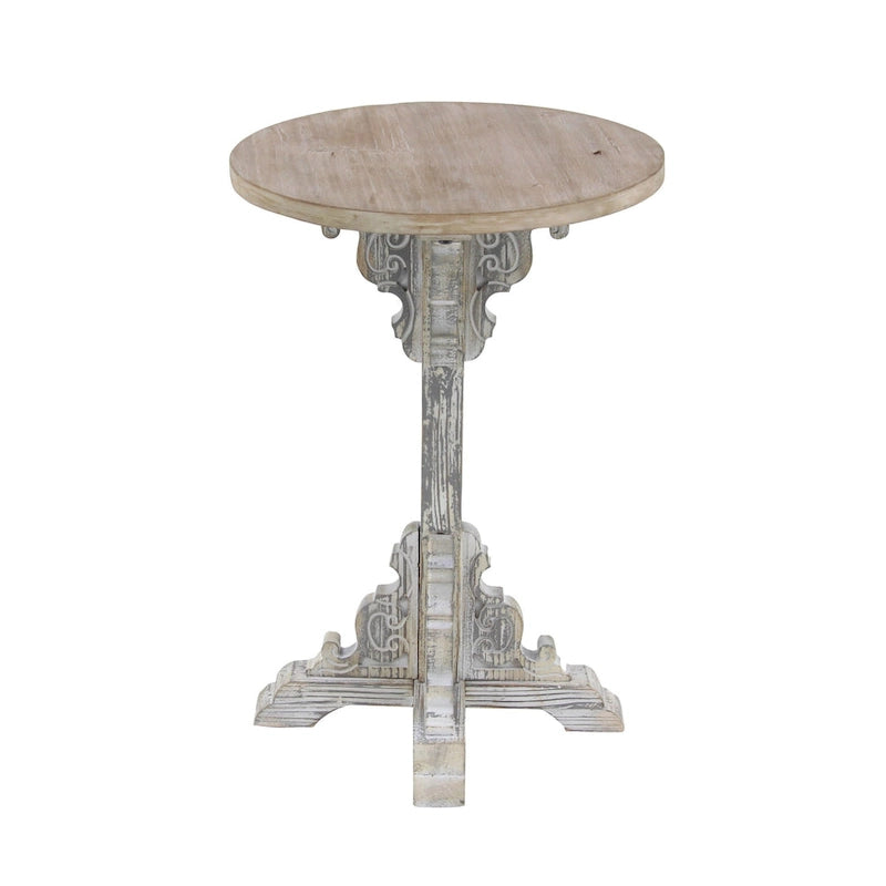Table d'appoint ou de bout en bois sculpté avec plateau en bois marron - Gris, Blanc, Crème - Roche River Decor
