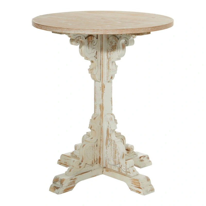 Table d'appoint ou de bout en bois sculpté avec plateau en bois marron - Gris, Blanc, Crème - Roche River Decor