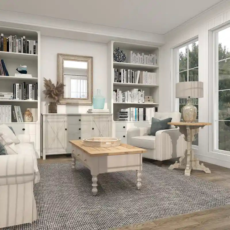 Table d'appoint ou de bout en bois sculpté avec plateau en bois marron - Gris, Blanc, Crème - Roche River Decor