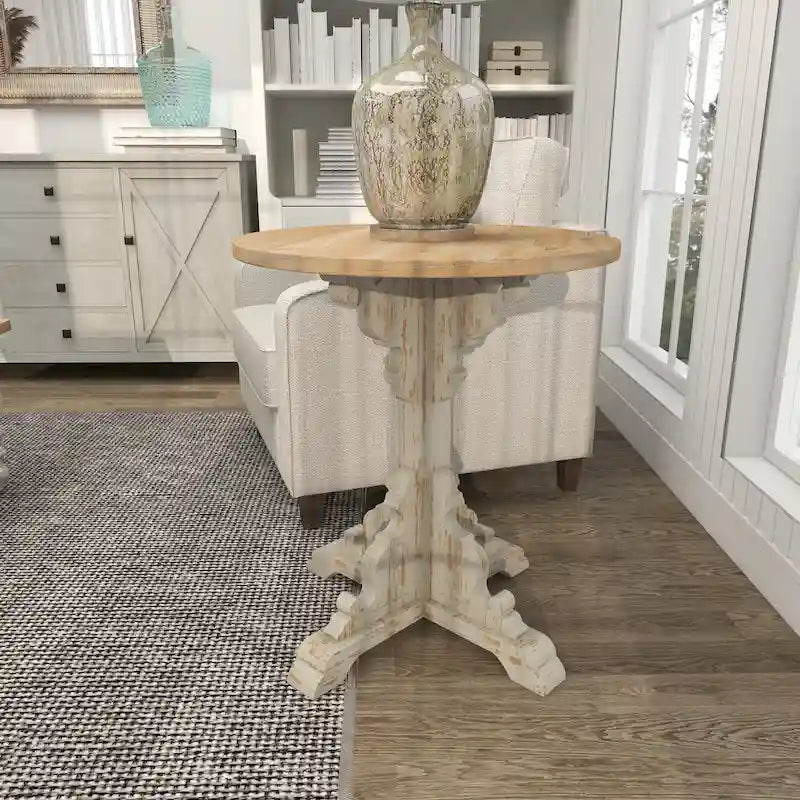 Table d'appoint ou de bout en bois sculpté avec plateau en bois marron - Gris, Blanc, Crème - Roche River Decor