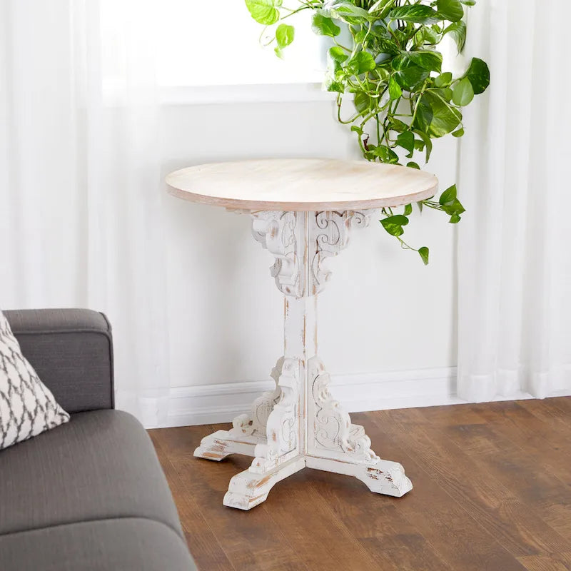 Table d'appoint ou de bout en bois sculpté avec plateau en bois marron - Gris, Blanc, Crème - Roche River Decor