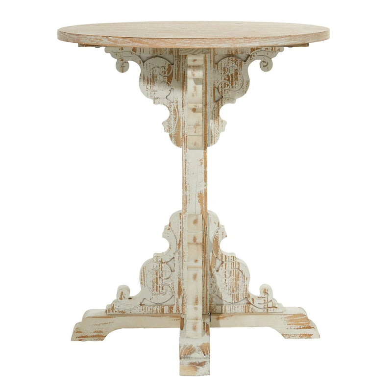 Table d'appoint ou de bout en bois sculpté avec plateau en bois marron - Gris, Blanc, Crème - Roche River Decor