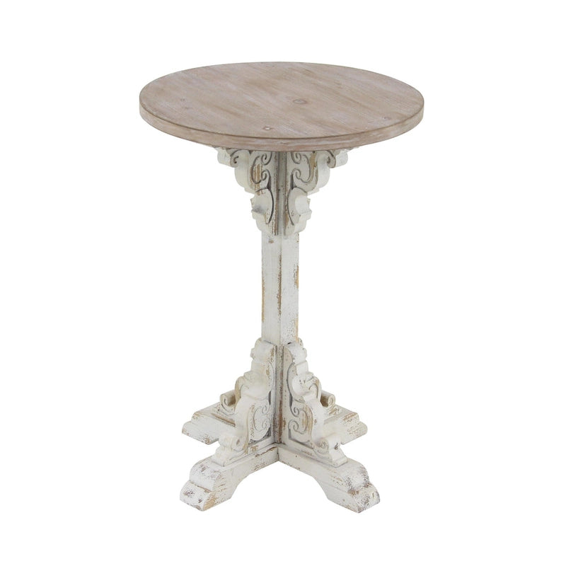 Table d'appoint ou de bout en bois sculpté avec plateau en bois marron - Gris, Blanc, Crème - Roche River Decor