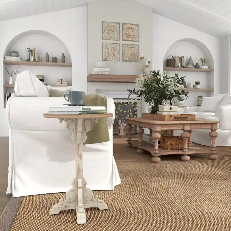 Table d'appoint ou de bout en bois sculpté avec plateau en bois marron - Gris, Blanc, Crème - Roche River Decor