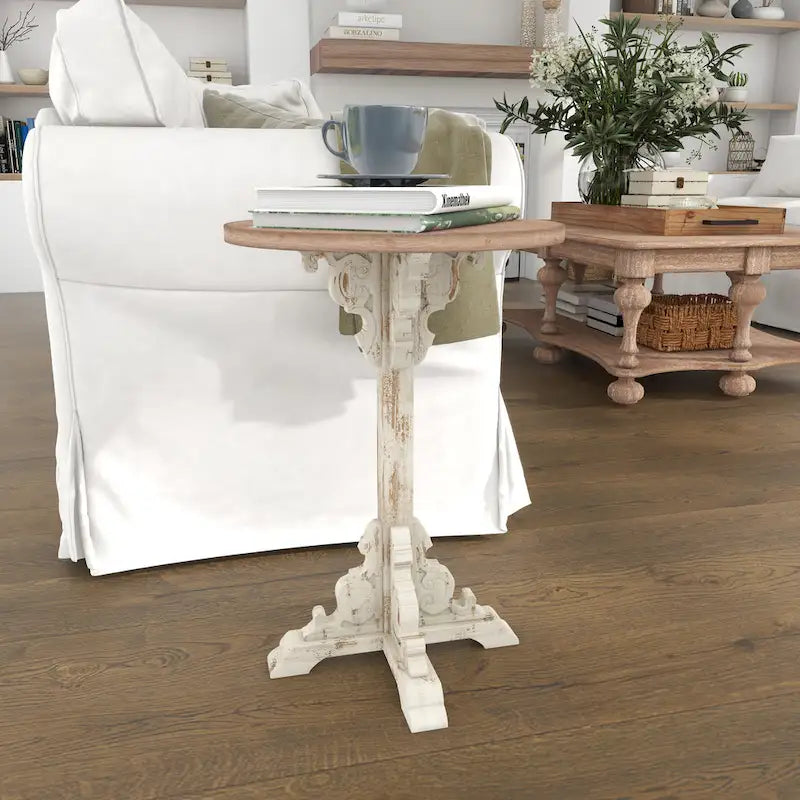 Table d'appoint ou de bout en bois sculpté avec plateau en bois marron - Gris, Blanc, Crème - Roche River Decor